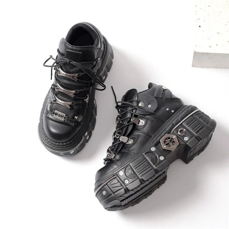 Fashion Women Punk Platform Shoes for Woman's Lace-Up Round Toe Metal Decoration Thin Heels Sneakers Gothic Party Nightclub Shoe