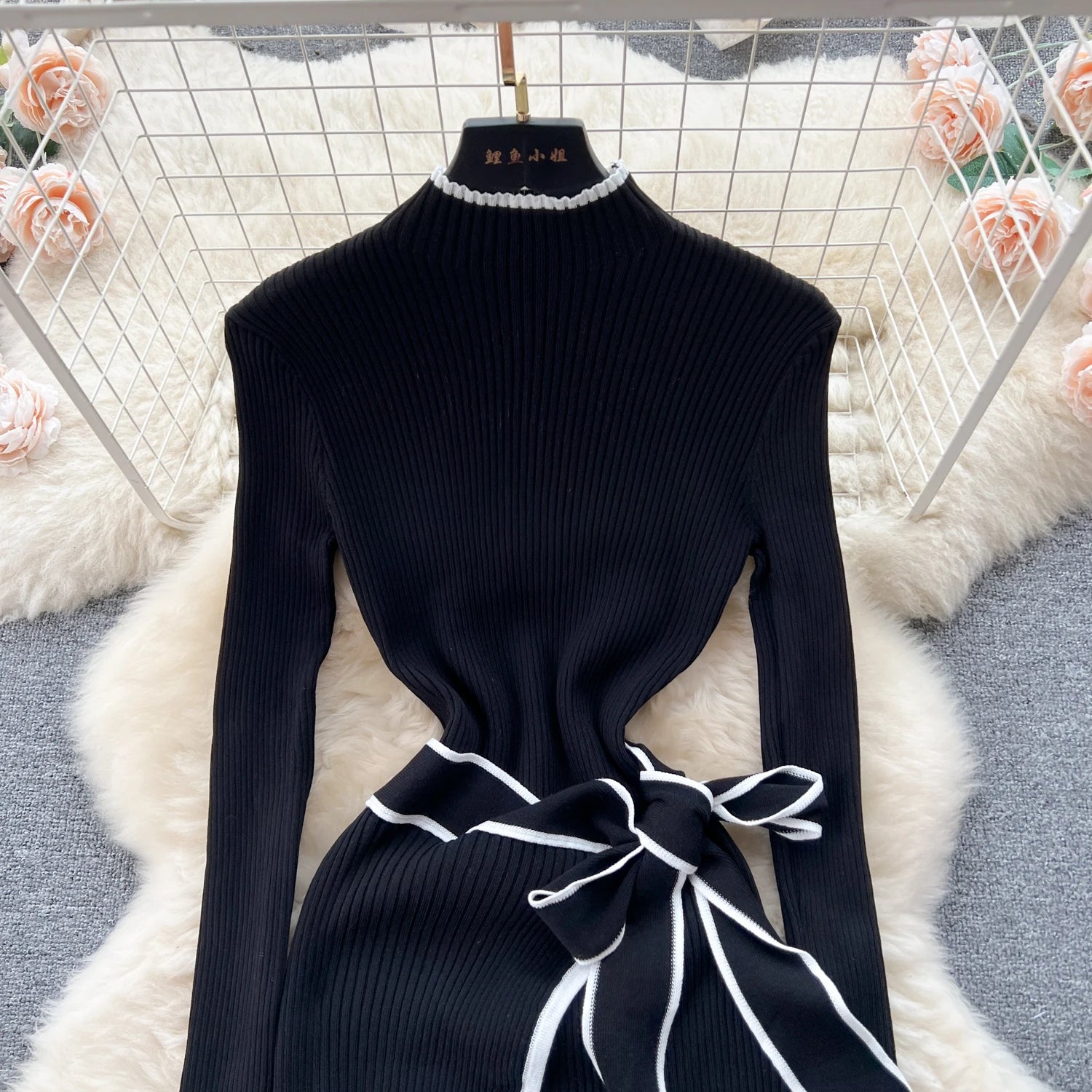 Women Knitted Dress Autumn Winter Slim Lace-up Long Sleeve Bottoming Black Sweater Dress Elegant Office Lady Vestidos