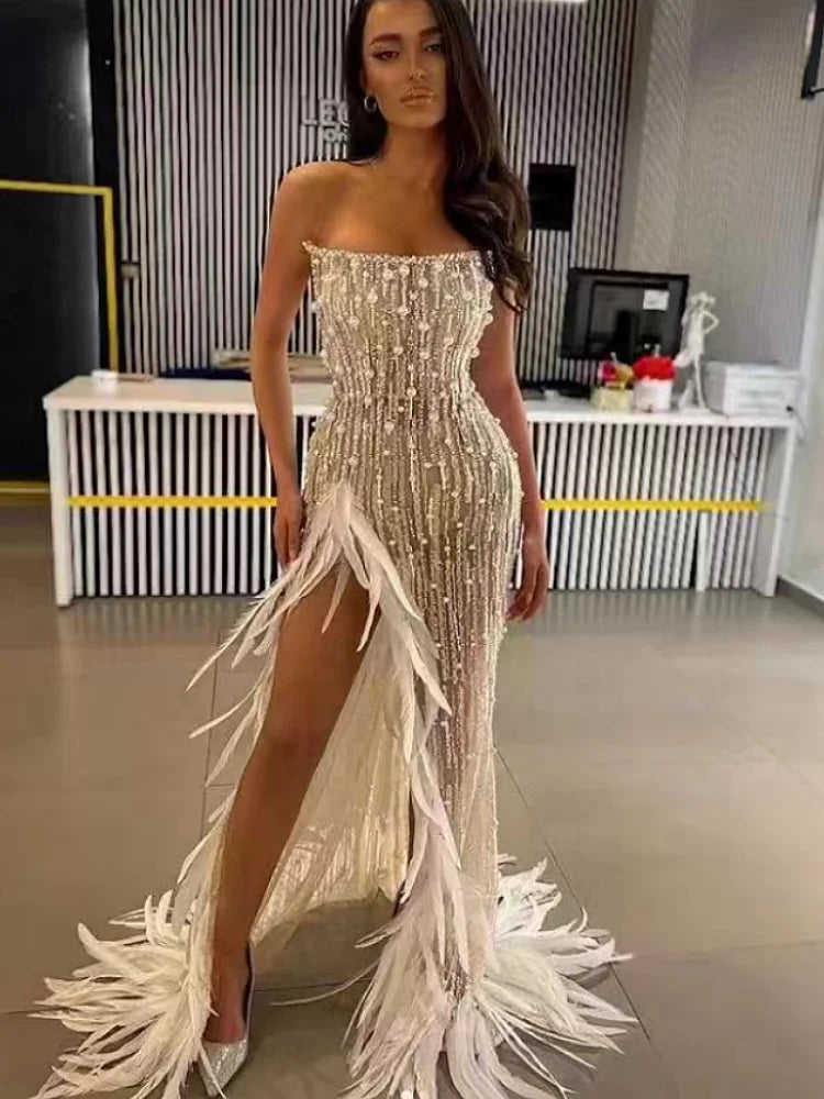 Gorgeous Feathers Beading Sequins High Slit Strapless Floor Length Dress Woman Birthday Party Vestido Stage Performance Costume Beige