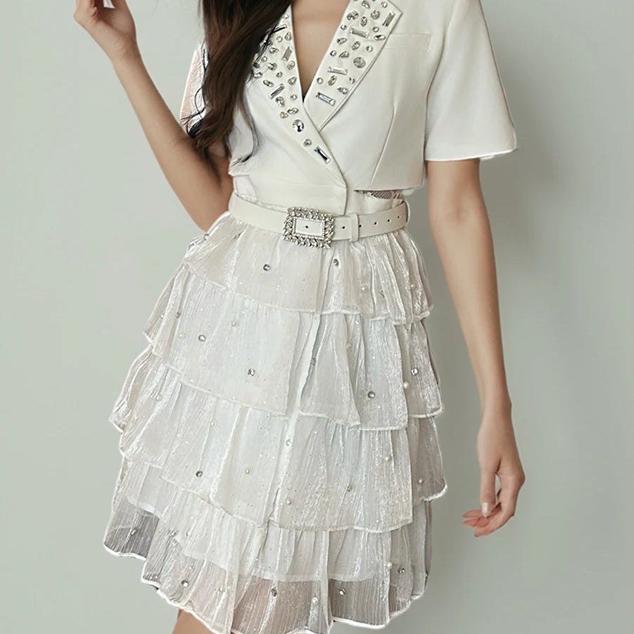 Solid Spliced Bead Belt Elegant Dresses for Women Lapel Short Sleeves Patchwor Ruffles Dress Female Clothing New WHITE