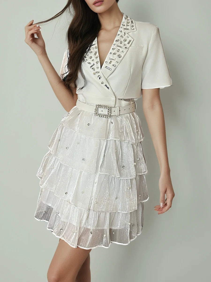 Solid Spliced Bead Belt Elegant Dresses for Women Lapel Short Sleeves Patchwor Ruffles Dress Female Clothing New WHITE