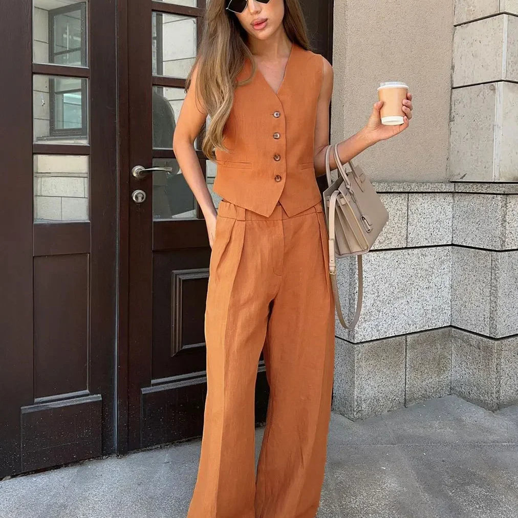 Wolfeel Womem Linen Cotton Chic Vest ＆ Pants Suit Two-Piece Set Office Ladies Summer Chic 2 Piece Sets Womens Outfits Orange