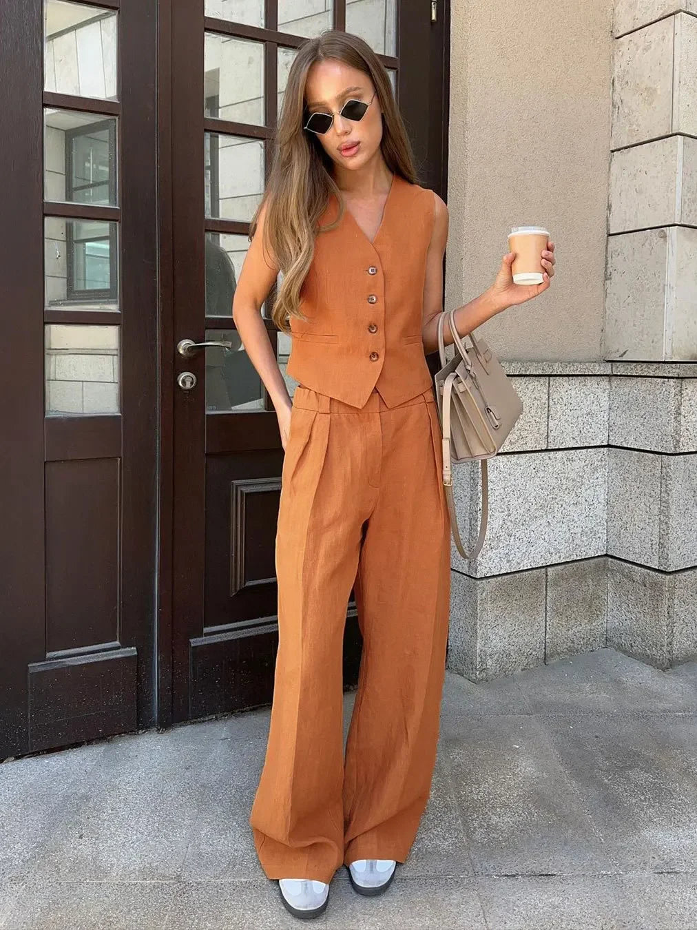 Wolfeel Womem Linen Cotton Chic Vest ＆ Pants Suit Two-Piece Set Office Ladies Summer Chic 2 Piece Sets Womens Outfits Orange