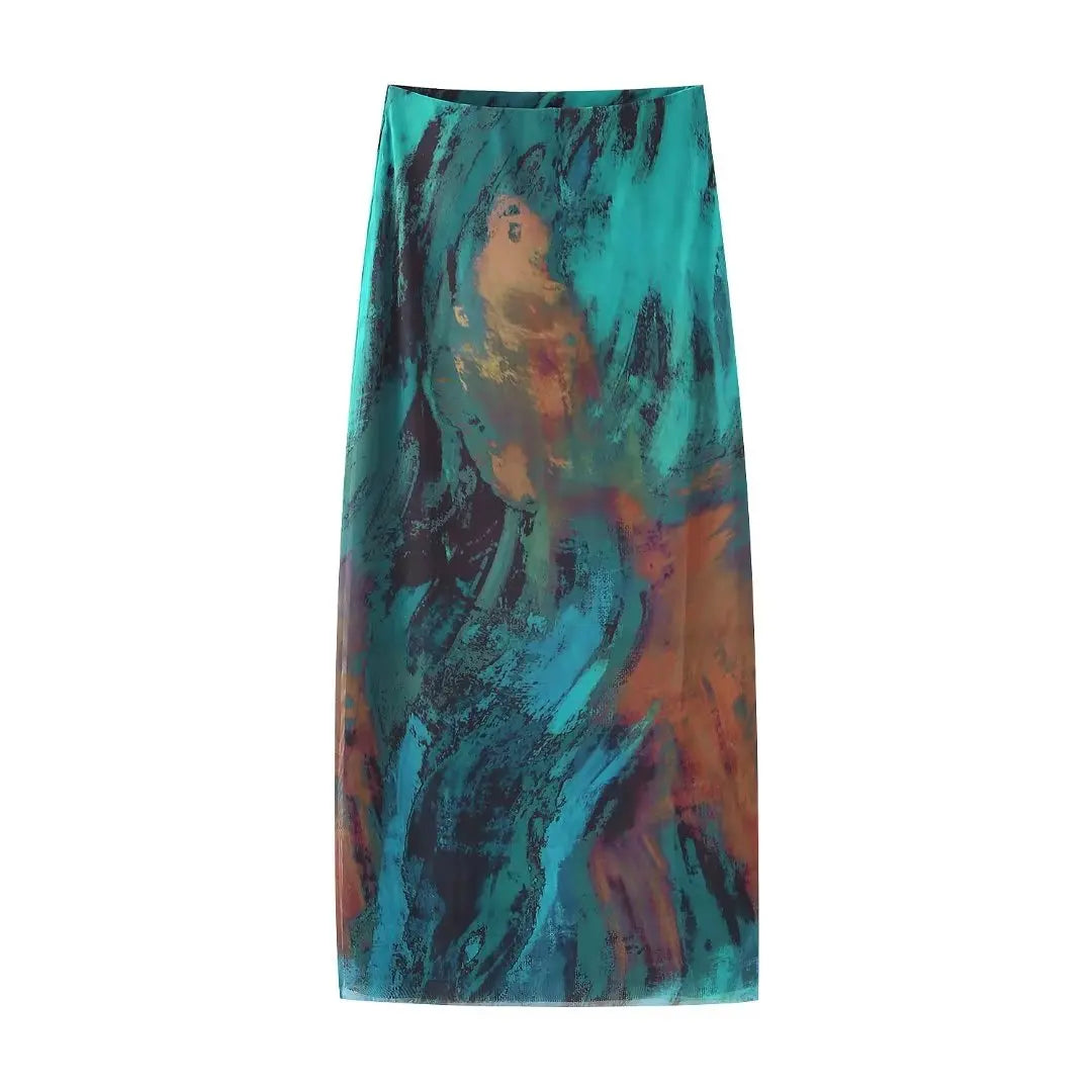 ZEVITY New Women Fashion Tie Dye Print Mesh Slim A Line Skirt Vintage High Waist Color Matching Female Midi Skirts Mujer QUN5433 BB QUN5433