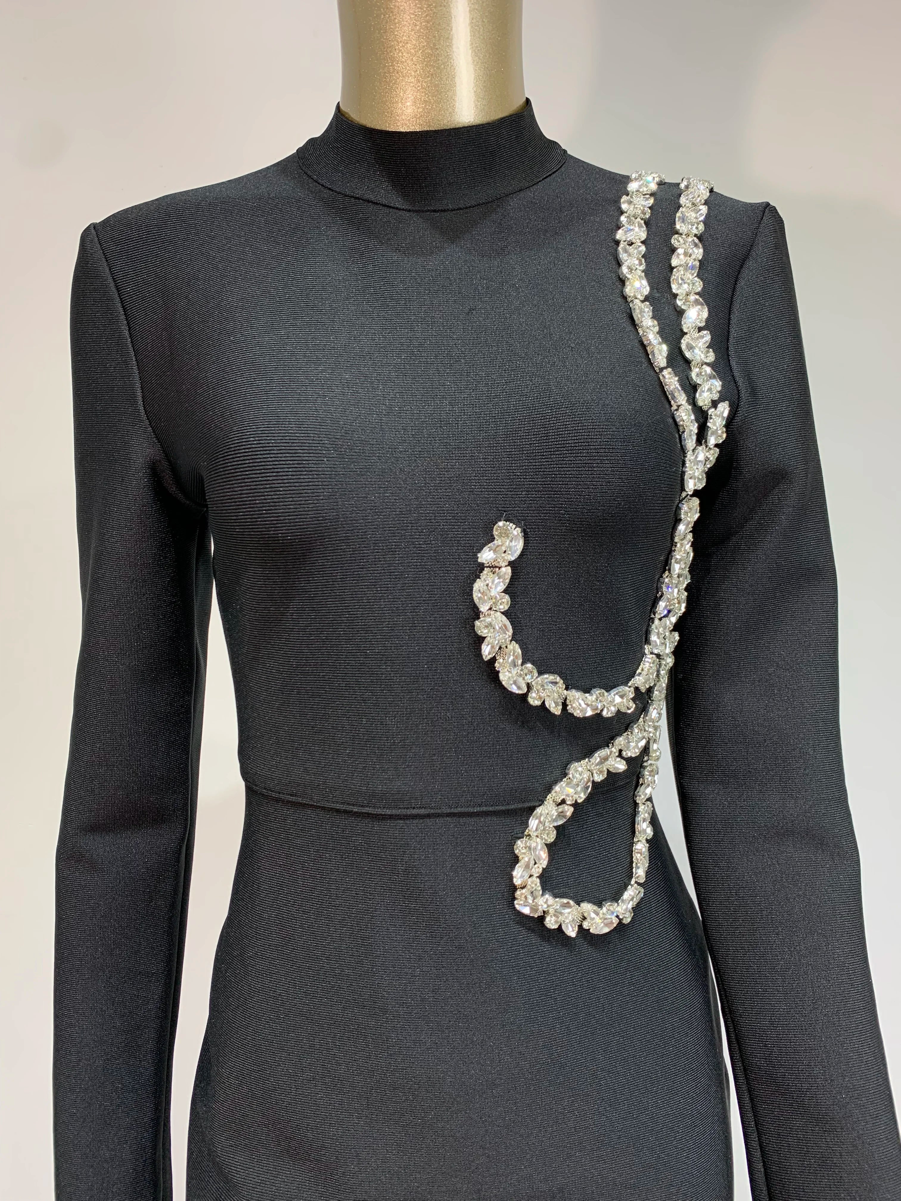 Women Winter Celebrity Sexy Turtleneck Diamonds Black Maxi Long Bodycon Bandage Dress 2024 Elegant Evening Club Party Dress