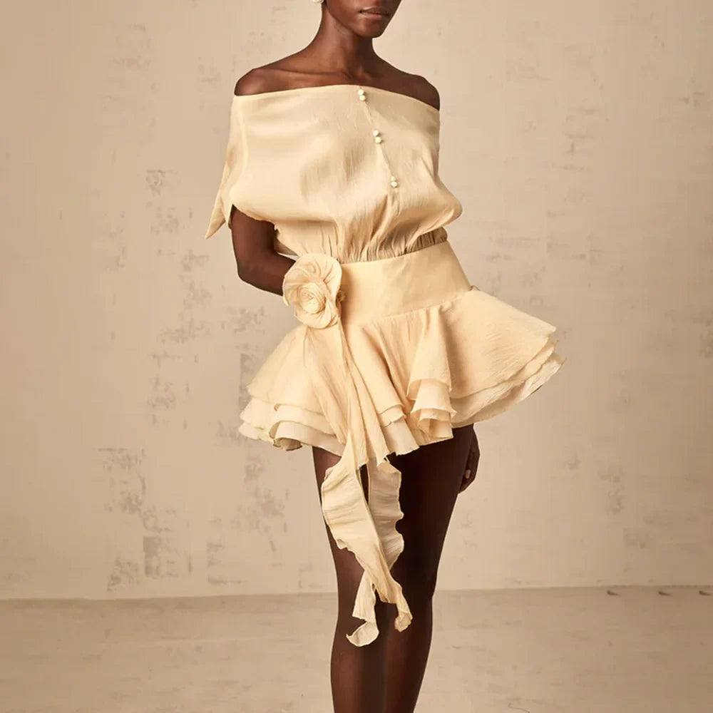 Solid Loose Spliced Ruffles Mini Dresses for Women Slash Neck Sleeveless Patchwork 3D Flower Dress Female Clothing