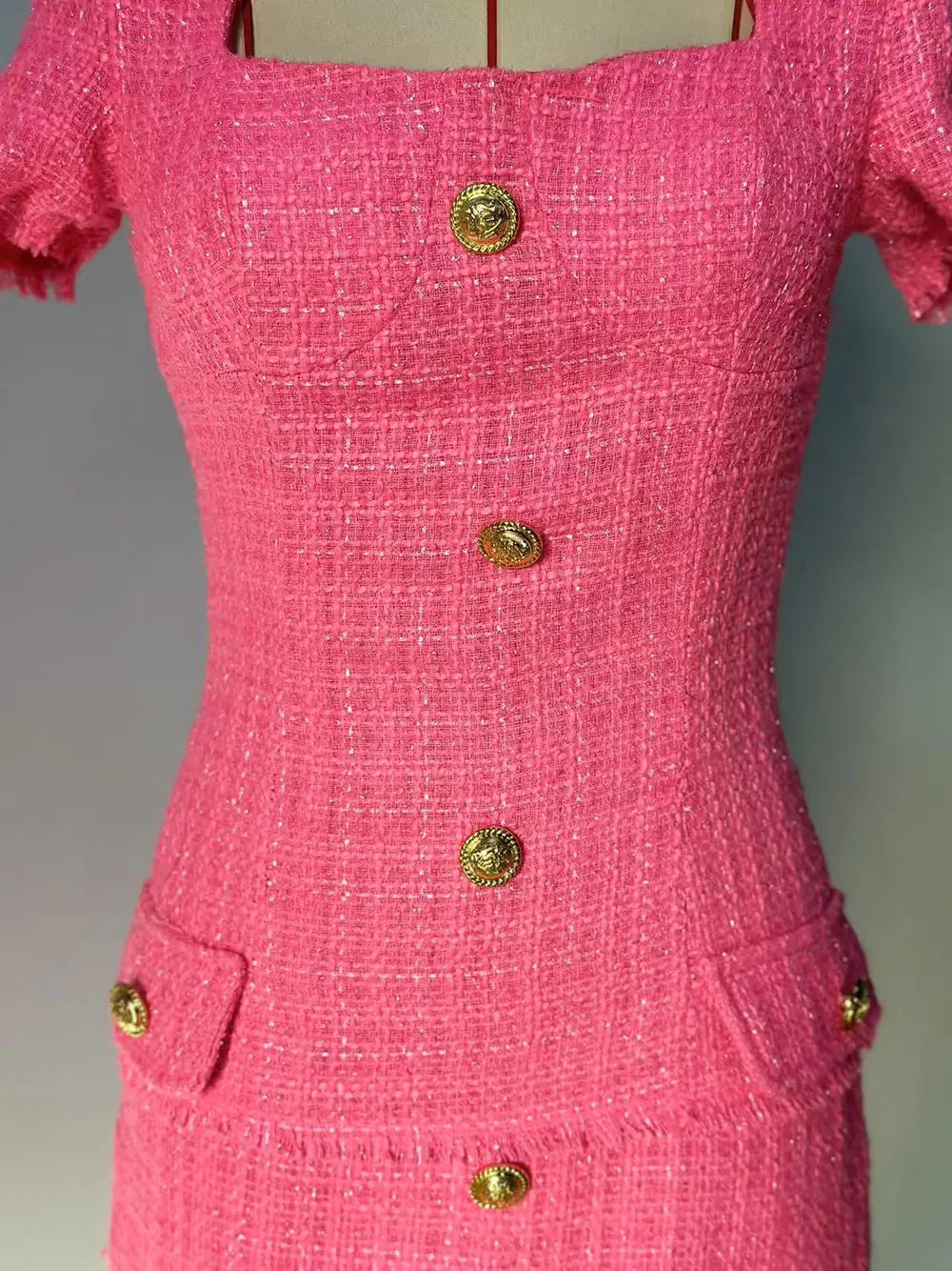 2025 Elegant Women's Small Fragrant Dress Square Neck Short Sleeve Button Design Bodycon Mini Dress Evening Party Vestidos