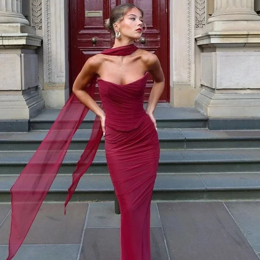 Suninheart Elegant Women 2 Piece Dress Set 2024 Strapless Bodycon Crop Top and Maxi Skirt Set Formal Wedding Guest Party Dress Maroon