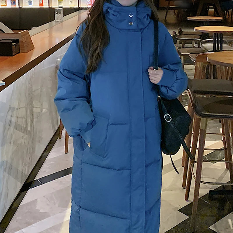Women Zipper Button Pocket Casual Down Coat Thicken Warm Hooded Long Coat Office Coat Long Sleeve Parkas Autumn Winter BLUE