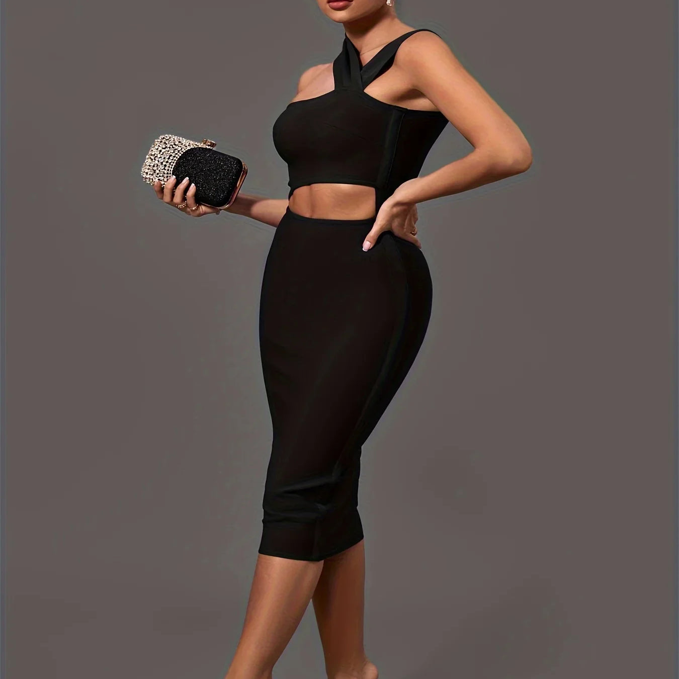 Black Bandage Dress Women Midi Party Dress Bodycon Elegant Halter Neck Sexy Cut Out Birthday Evening Club Outfits Summer