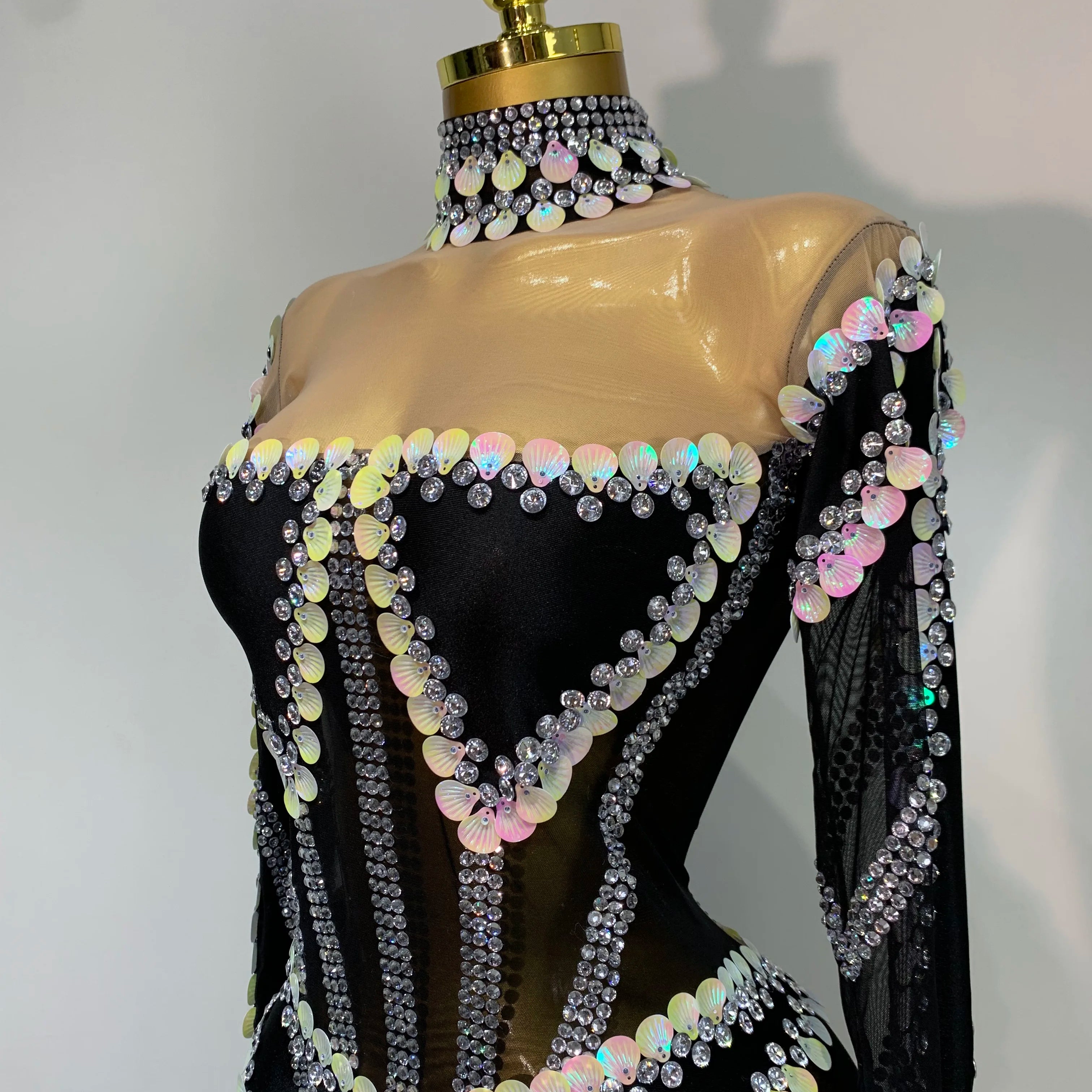 Women Sexy Long Sleeve Sparkly Crystal Sequin Mesh Jumpsuit Nightclub Cos Party Dancer Performance Costume Stage Outfit