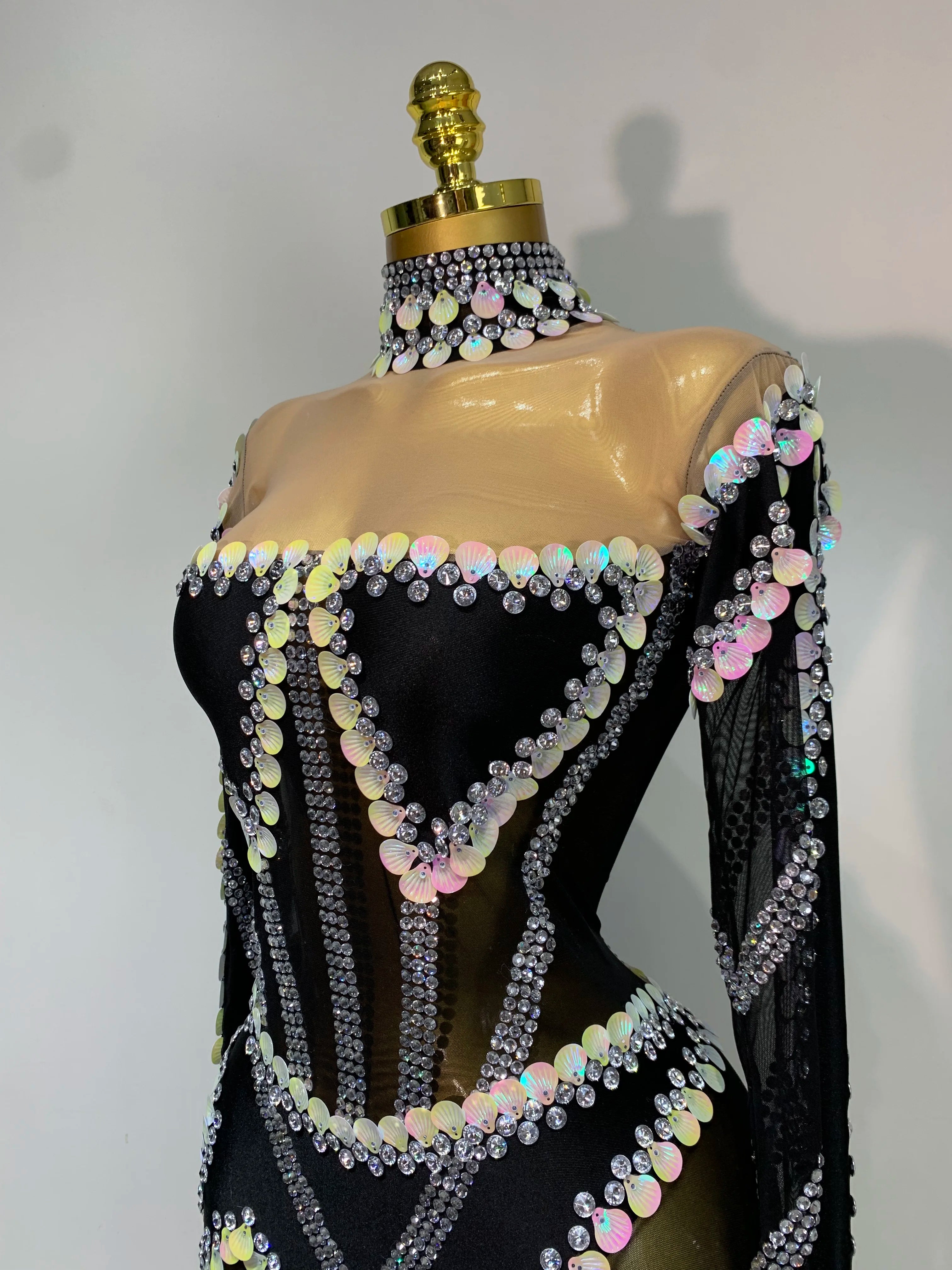 Women Sexy Long Sleeve Sparkly Crystal Sequin Mesh Jumpsuit Nightclub Cos Party Dancer Performance Costume Stage Outfit