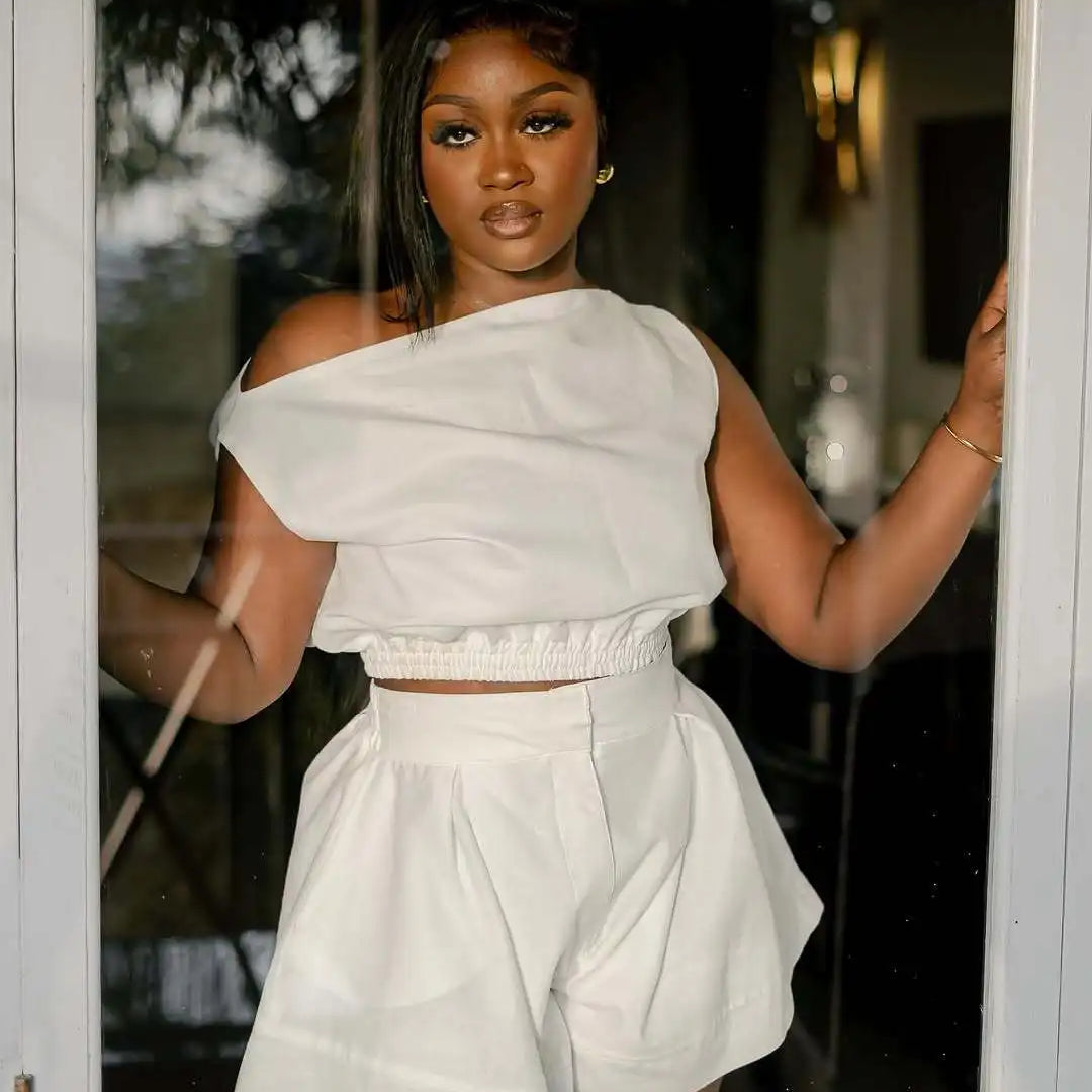 Fashion Women's Set Off Shoulder Sleeveless Blouse Shirt Top and Flare Shorts Suit 2025 Street Two 2 Piece Sets Outfits WHITE