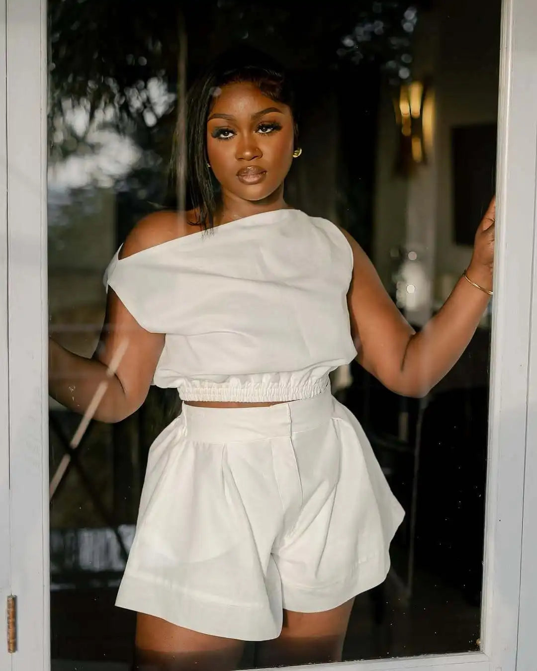 Fashion Women's Set Off Shoulder Sleeveless Blouse Shirt Top and Flare Shorts Suit 2025 Street Two 2 Piece Sets Outfits WHITE