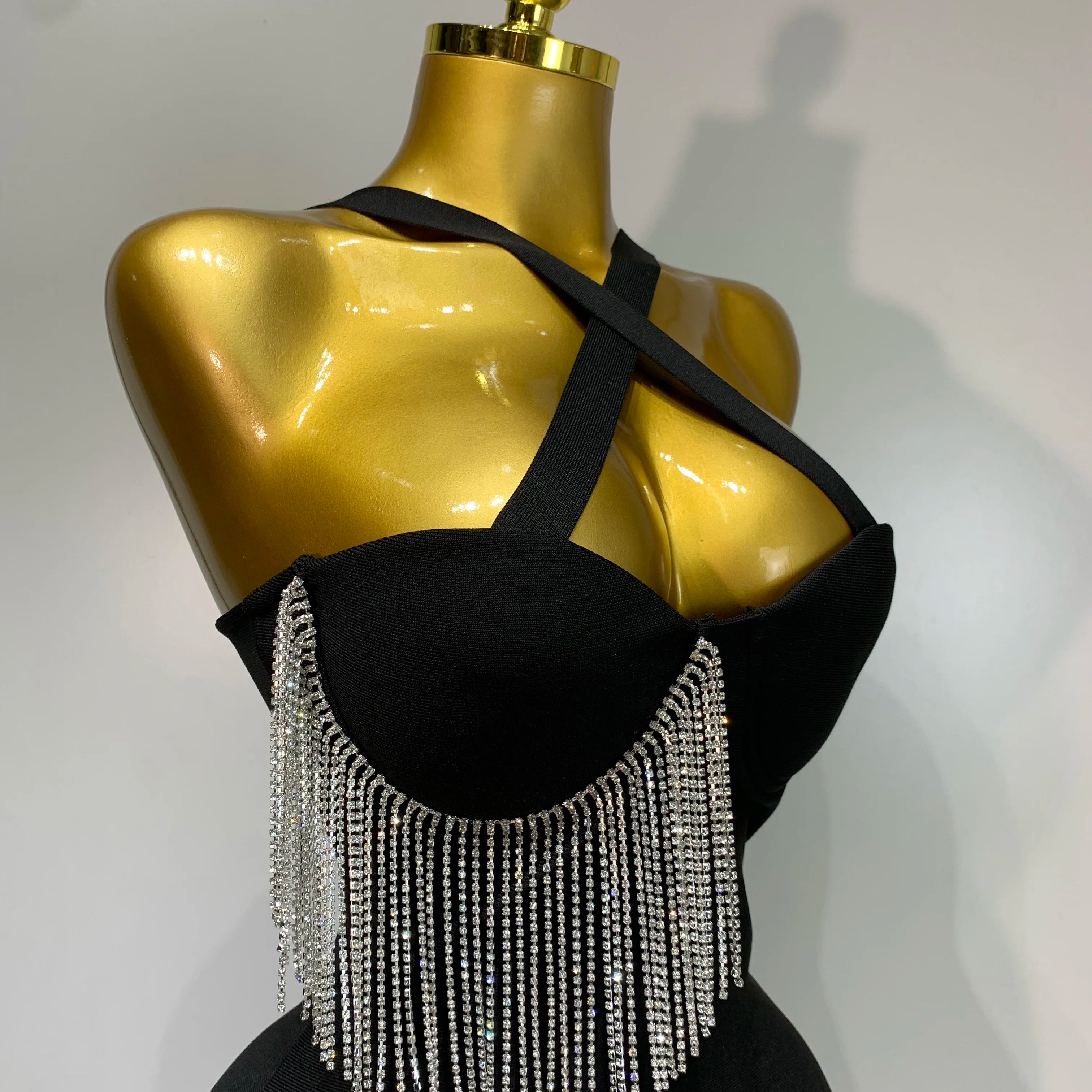 Women Sexy Diamonds Tassel Crystal Midi Black Bodycon Bandage Dress 2025 Elegant Evening Party Luxury Birthday Dresses Vestido