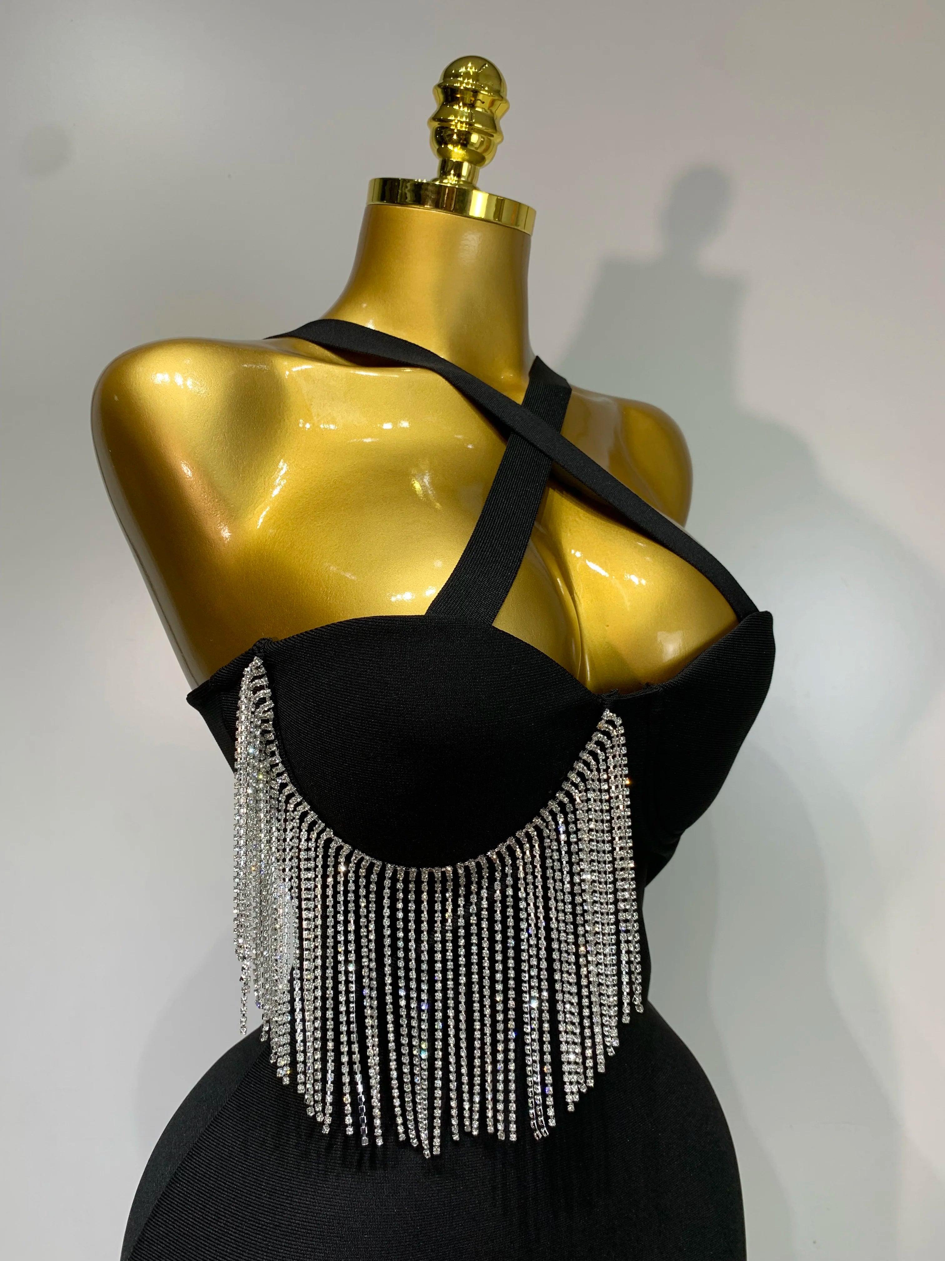 Women Sexy Diamonds Tassel Crystal Midi Black Bodycon Bandage Dress 2025 Elegant Evening Party Luxury Birthday Dresses Vestido