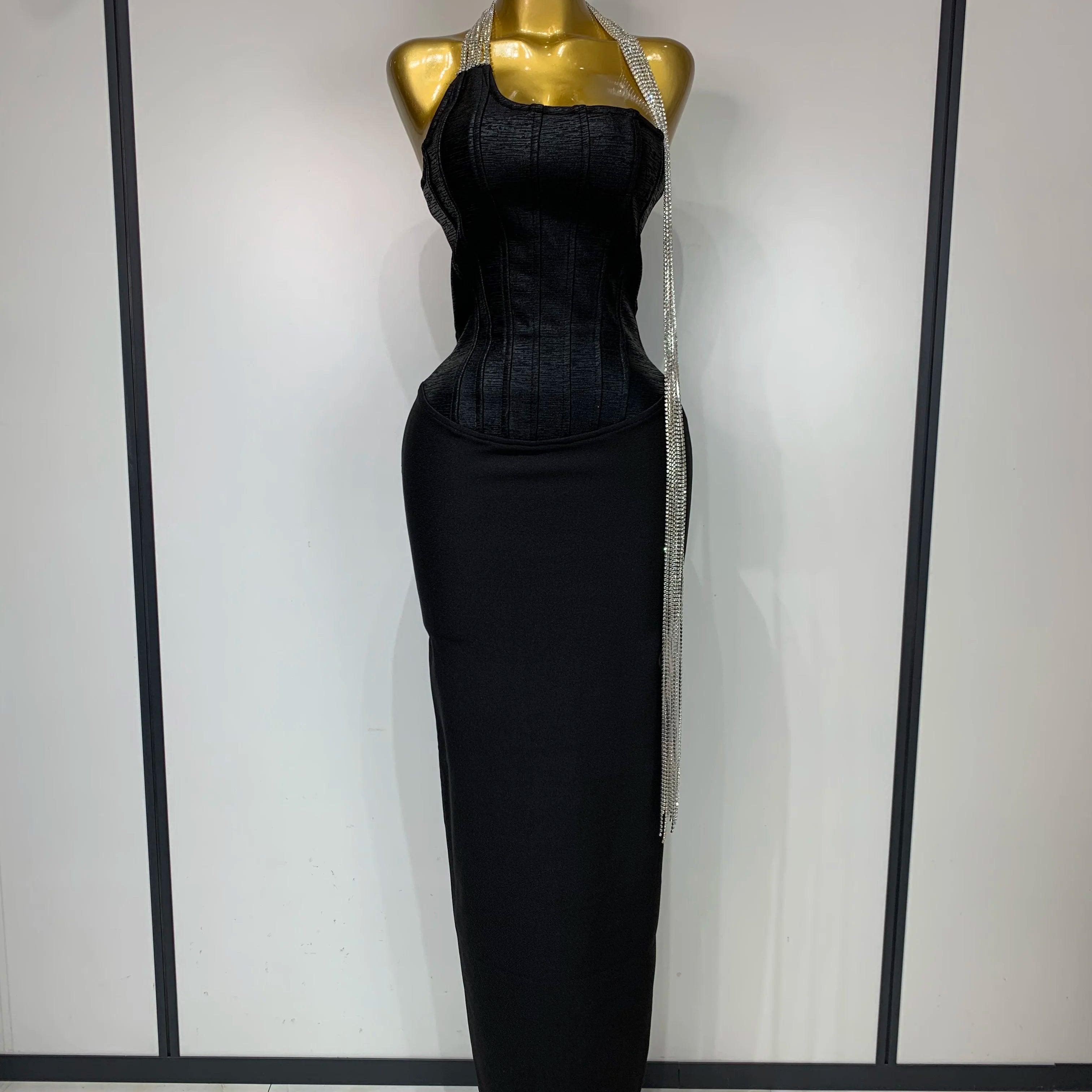 Women Sexy Strapless Backless Bandage Dresses Fashion Sleeveless Beading Cocktail Evening Party Luxury Birthday Prom Gown black