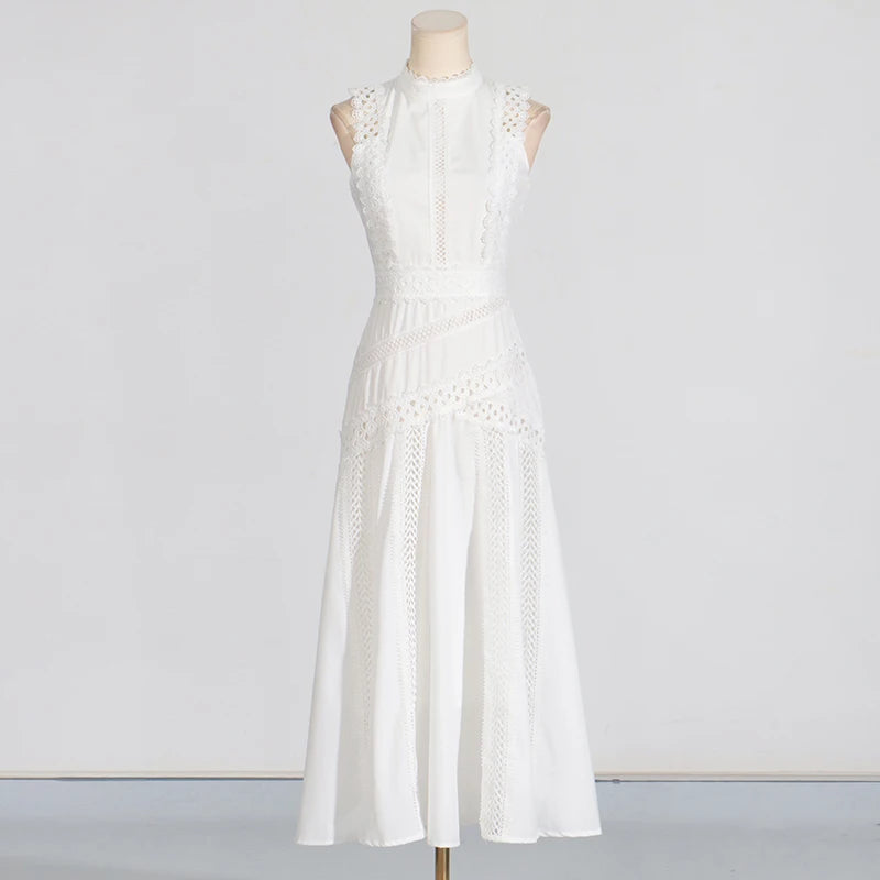 Solid Slimming Spliced Hollow Out Dresses for Women Round Neck Sleeveless Patchwork Lace Dress Female Clothing New WHITE