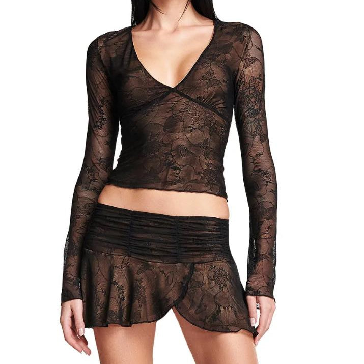 Y2K 2 Piece Mini Skirt Sets Sexy Mesh Sheer Lace Ruffle Outfits V Neck Beach Suits 2024 Summer Night Clubwear