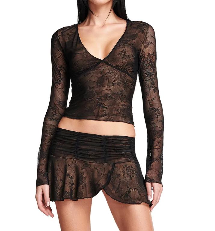 Y2K 2 Piece Mini Skirt Sets Sexy Mesh Sheer Lace Ruffle Outfits V Neck Beach Suits 2024 Summer Night Clubwear