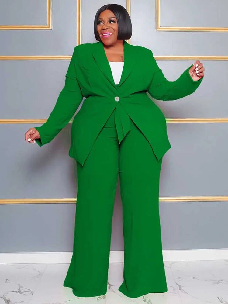 2 Piece Sets Women Outfit Winter Long Sleeve Sexy Pant Suits with Blazers Ladies Chic and Elegant Blazer Set Female Plus Size green