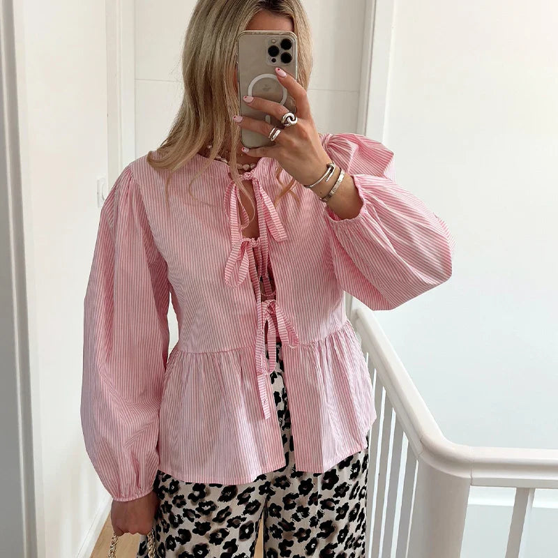 Elegant Satin Ruffle Shirt for Women Lantern Short Sleeve Loose O-neck Female Top Spring Summer Fashion Lady Streetwear Pink