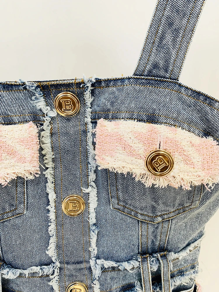 Newest Designer Fashion Women Spaghetti Strap Denim Tweed Houndstooth Pachwork Fringed Dress