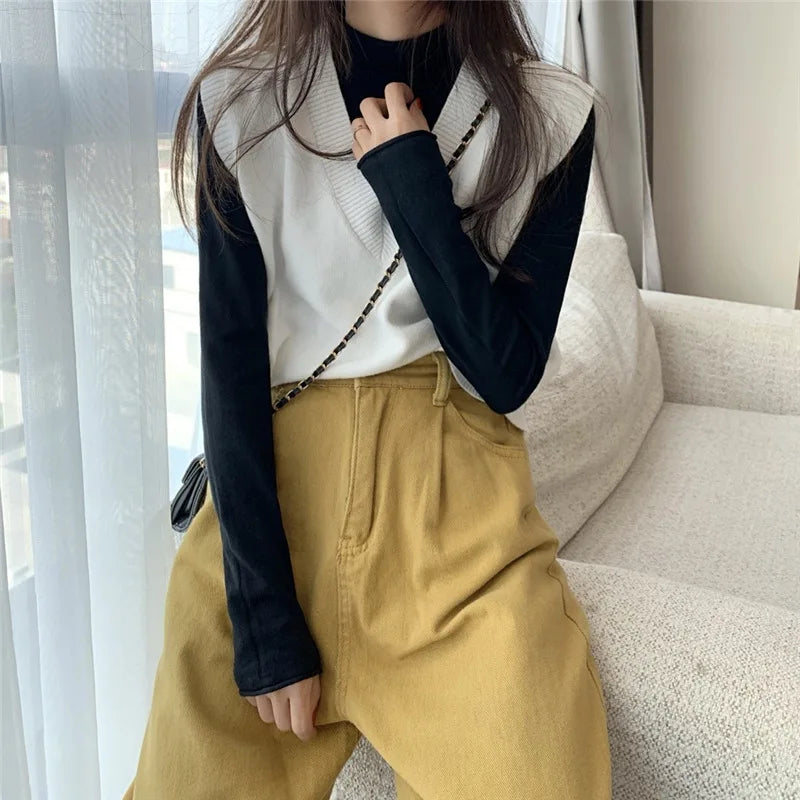 Women Knitted Sweater Vest Spring Autumn Short Loose Vintage Sweater Sleeveless Girls V-Neck Pullover Tops Female Outerwear white One Size
