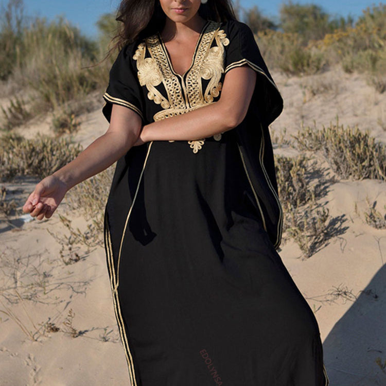 Vintage Embroidery Kaftan Sexy V-neck Batwing Sleeve High Waist Maxi Dress Tunic Women Clothing Summer Beach Dresses Q660 Black One Size