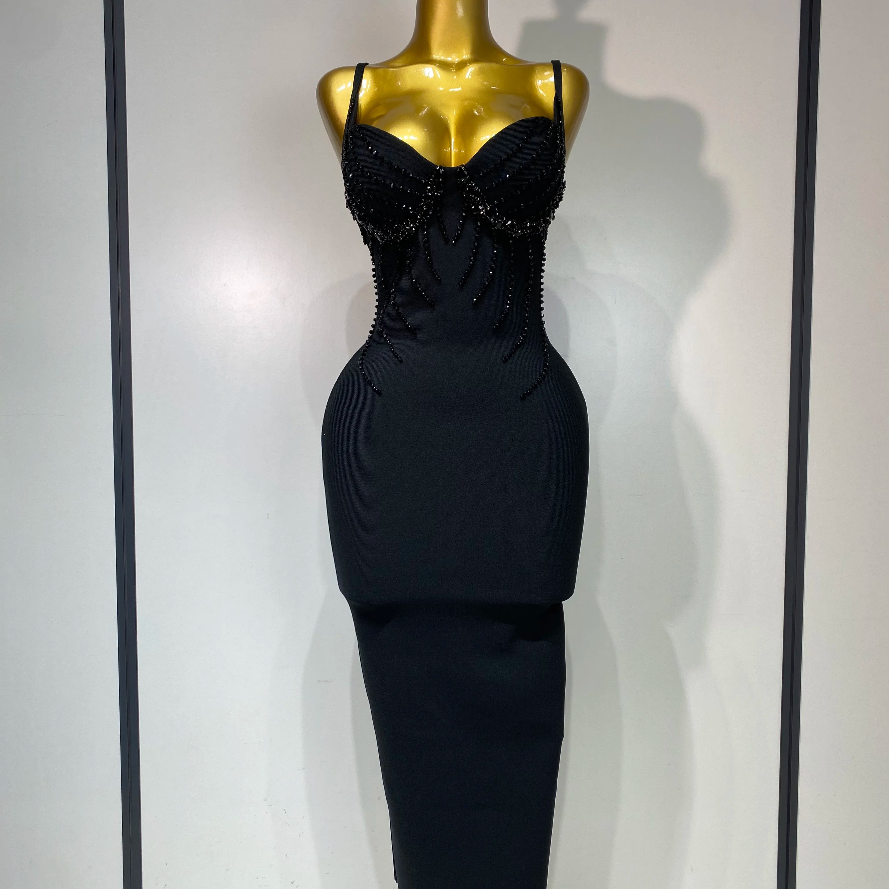 Women Sexy Beading Spaghetti Strap Bodycon Bandage Dress Club Party Luxury Birthday Celebrity Elegant Dresses Wedding Guest Gown black