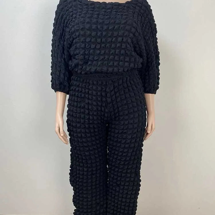 Curvy Plus Size Woman Clothing Fall Winter Long Sleeve 2 Piece Outfit Set Bubble Waffle Pleated Top and Pants Sets Elegant Suit