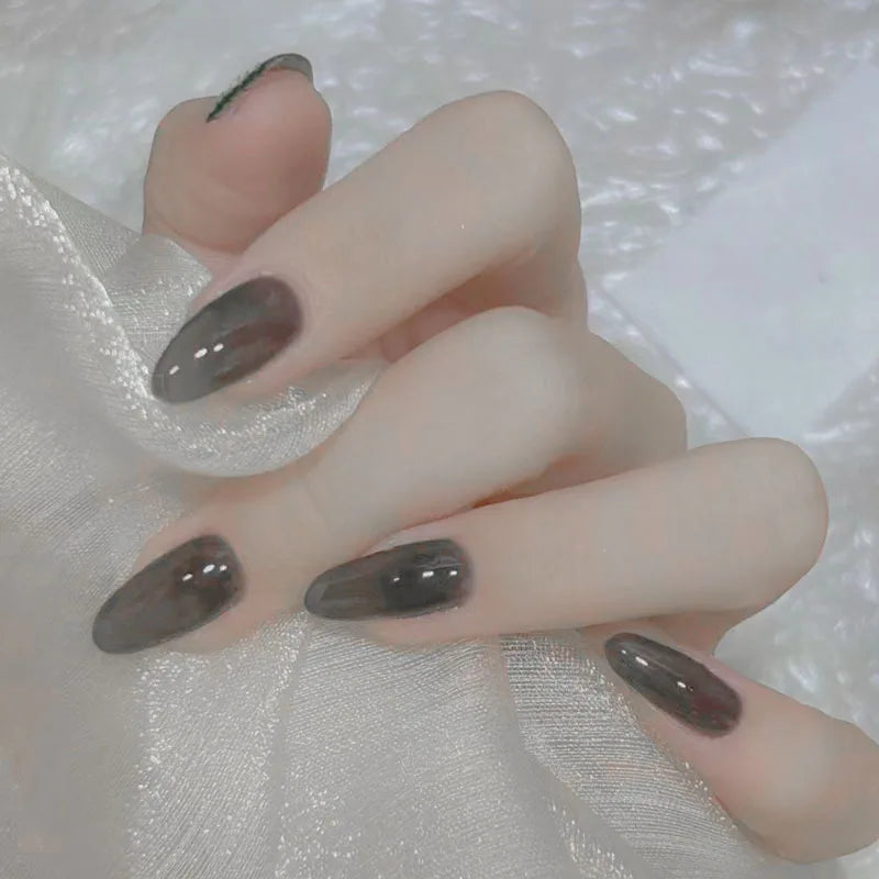 24pcs/set nude fake nails long french almond coffin tips pink grey brown fall Winter decoration faux ongles press on false nail WM118