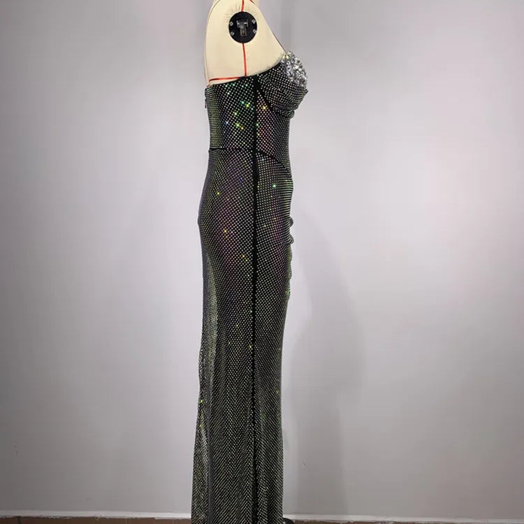 Women Summer Sexy Strapless Crystal Sparkly Diamonds Black Maxi Long Dress 2024 Elegant Party Evening Stage Performance Vestido