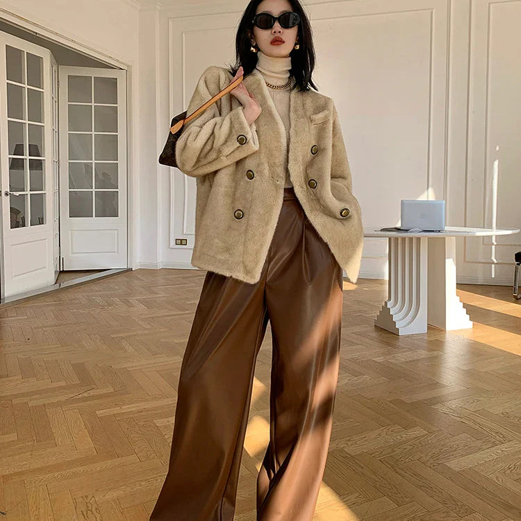 Spring Autumn Loose Casual Soft Black Burgundy Pu Leather Wide Leg Pants for Women High Waist Korean Style Fashion 2023