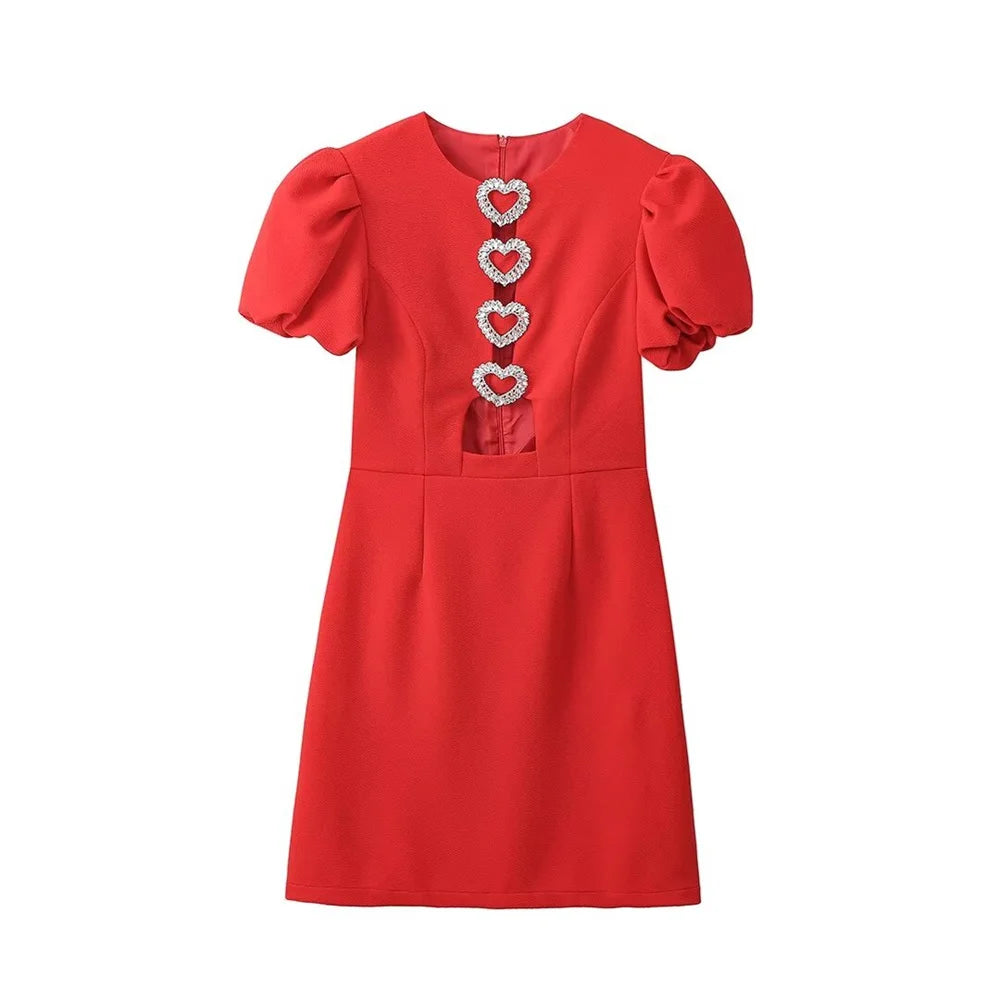 Zach Ailsa 2024 Spring New Women's Fashion and Elegant Love Metal Decoration Bubble Sleeves Mini Dress Red