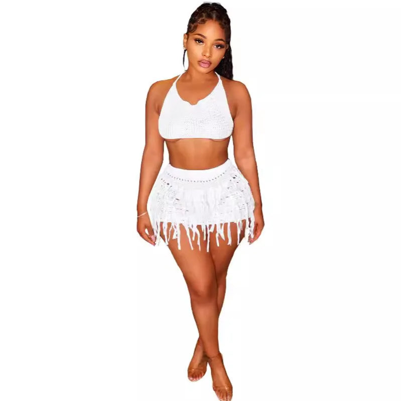 Beach Holiday Knit Crochet Tassel Women Two 2 Piece Set Outfits Bra Top and Mini Skirt Suit 2024 INS Street Dress Set WHITE