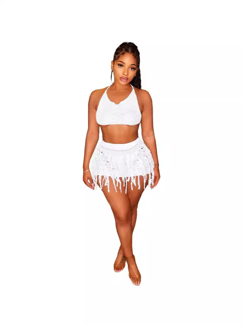 Beach Holiday Knit Crochet Tassel Women Two 2 Piece Set Outfits Bra Top and Mini Skirt Suit 2024 INS Street Dress Set WHITE