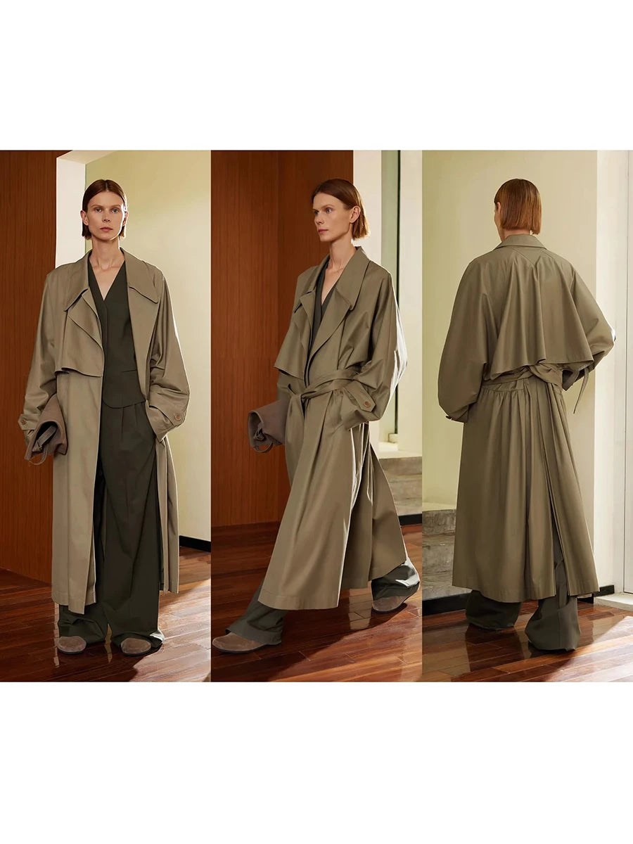 Lautaro Spring Autumn Oversized Khaki Flowy Long Trench Coat for Women Sashes Luxury Loose Casual Korean Fashion Overcoat 2025