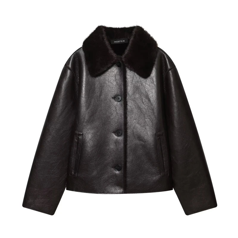 INQFEIR Faux Leather Jacket for Women, Fuzzy Collar Button Down Short Coat, Vintage Style Outerwear for Fall Winter brown
