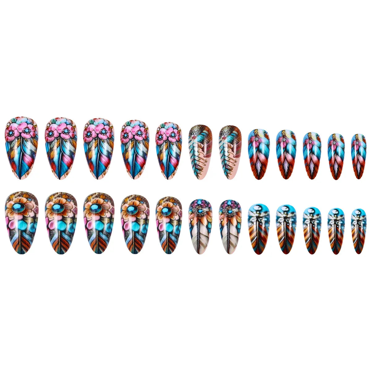 Colorful Feathers Press on Nails Diamond Fake Nails Set Floral Pattern Wearable Acrylic Nails Almond Press on Nail Tips