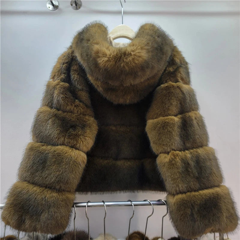 Winter New Fashion Hooded Short Faux Fur Coat For Women Loose Versatile Loose High Quality Overcoat Female 11A07878