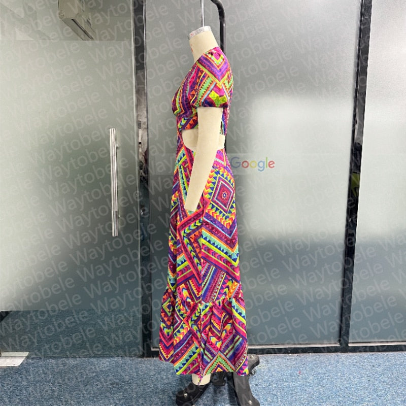 Waytobele Women Maxi Dress Summer Fashion V Neck Short Puff Sleeve Hollow Out Printed Beach Party Dresses High Streetwear