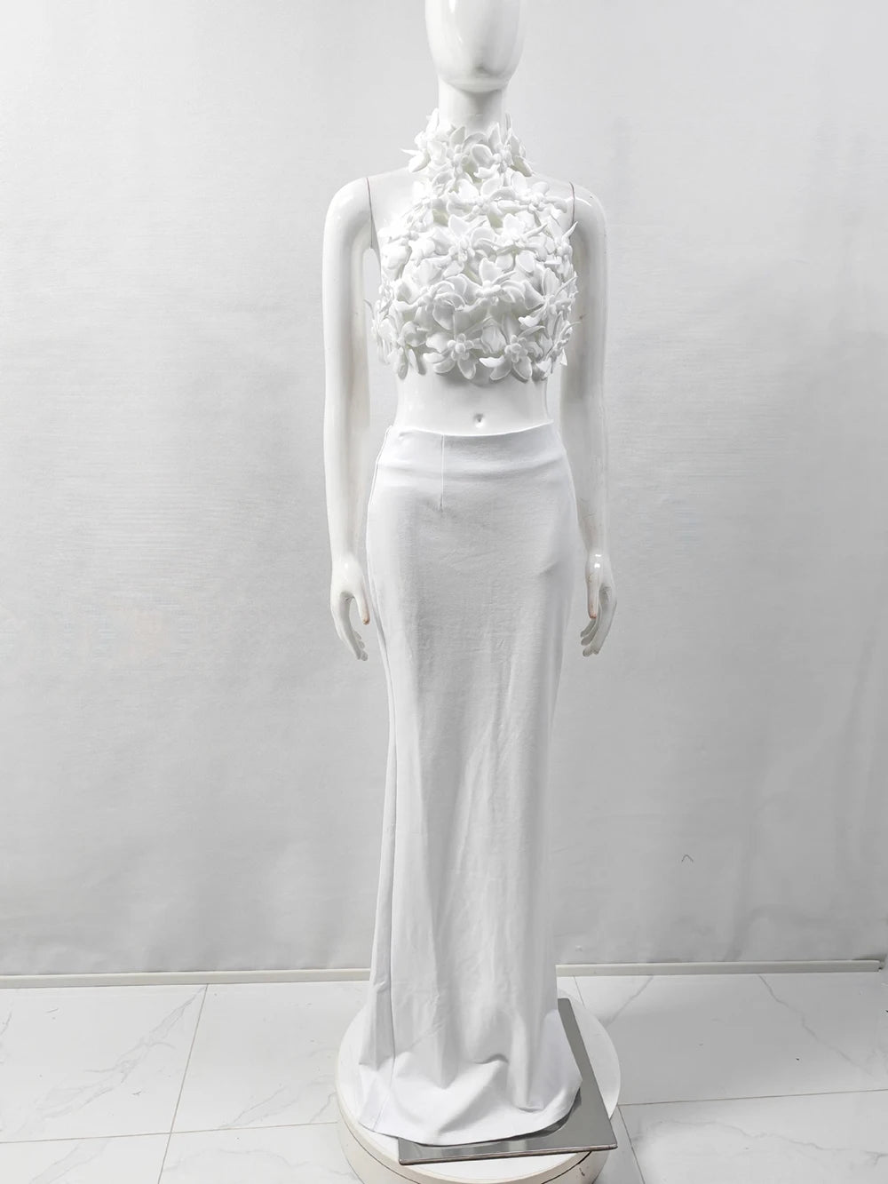 White Elegant 3D Flowers Hollow Out Beach Dresses Set Sexy See Though Crop Tops Long Skirts Women Sets Summer Female Outfits