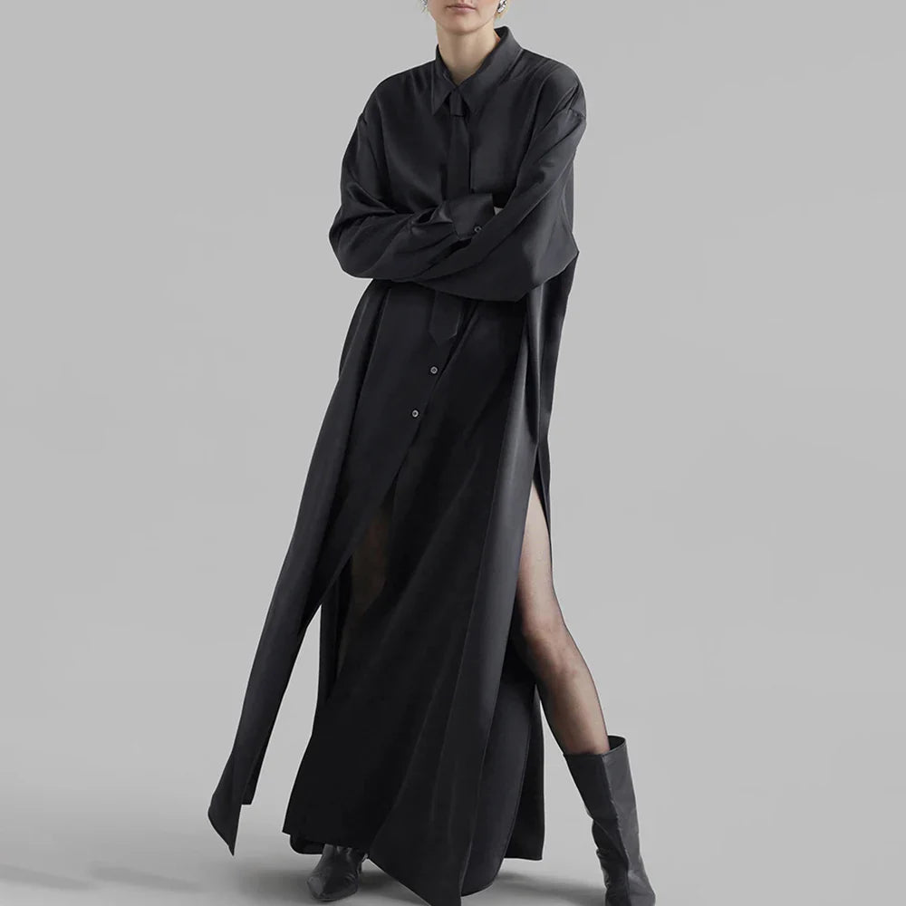 Solid Minimalist Split Dresses For Women Lapel Long Sleeve High Waist Patchwork Single Breasted Loose Dress Female BLACK One Size