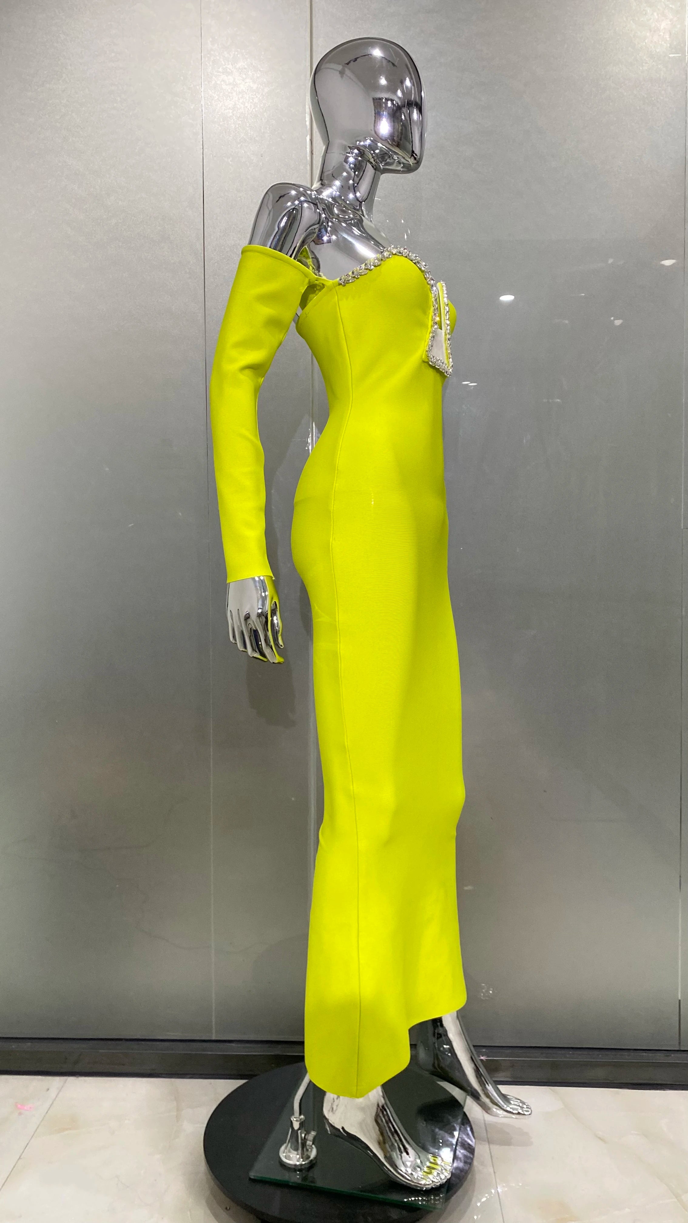 New Winter Yellow Green Shining Diamonds Sexy V-Neck off The Shoulder Mermaid Long Dress Fashion Woman Evening Party Vestido