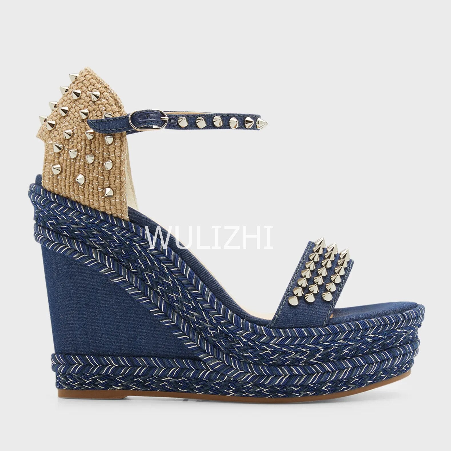 Women&#39;s Dark Black Blue Denim High Wedge Espadarille Metal Stud Heel Sandals Low Platform Mixed Colors Patchwork Appliques Shoes 7.5cm