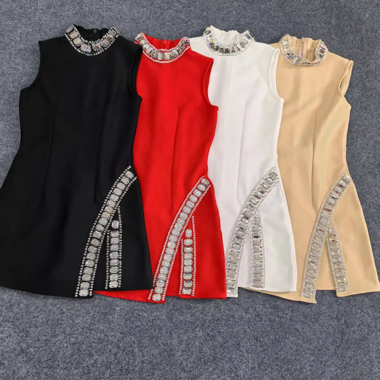 Women Sleeveless Sexy O-Neck Big Crystal Bodycon Bandage Mini Dress Nightclub Party Celebrate Fashion Birthday Wear