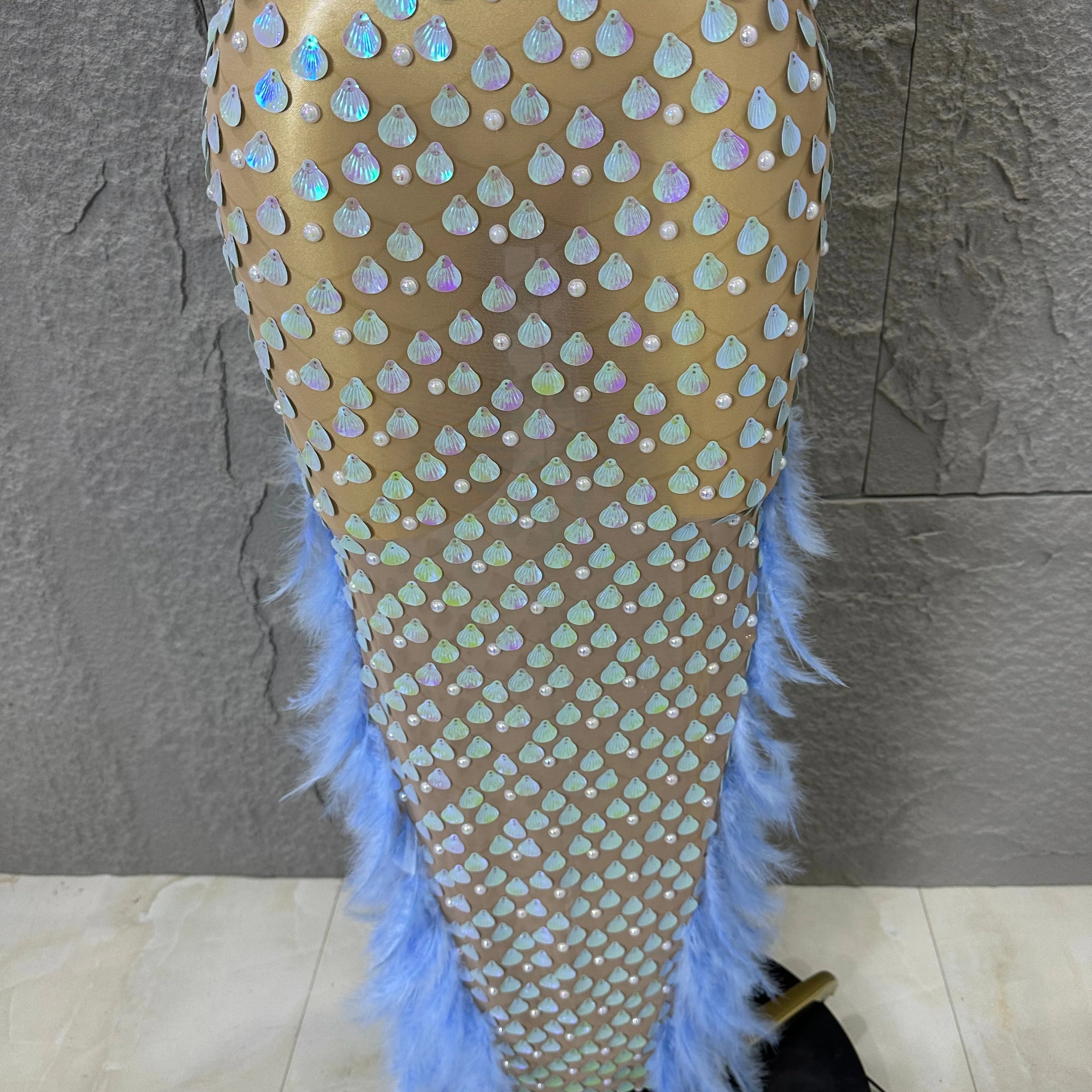 Women Blue Feather Trim Teardrop Sequin Embellished Bodycon Stage Performance Gown Nude Sheer Mesh Maxi Dress