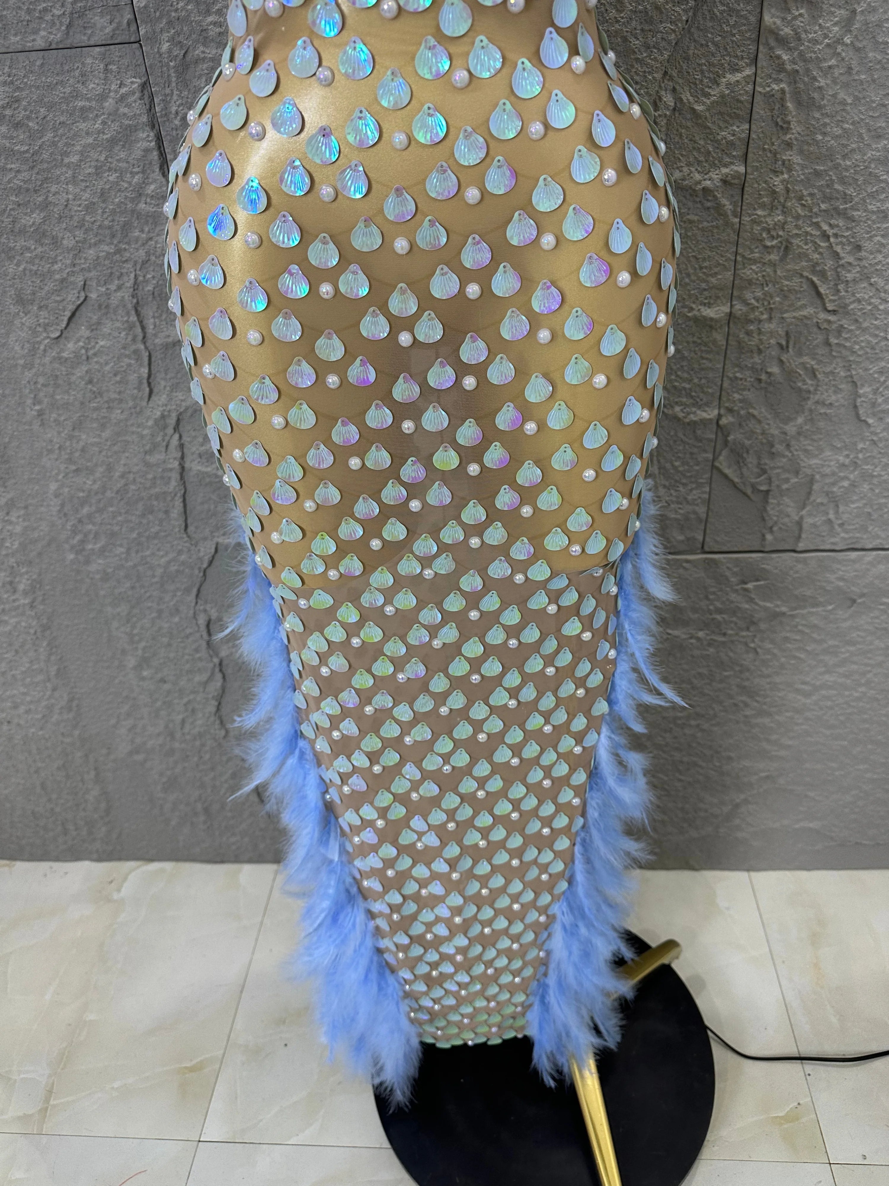 Women Blue Feather Trim Teardrop Sequin Embellished Bodycon Stage Performance Gown Nude Sheer Mesh Maxi Dress