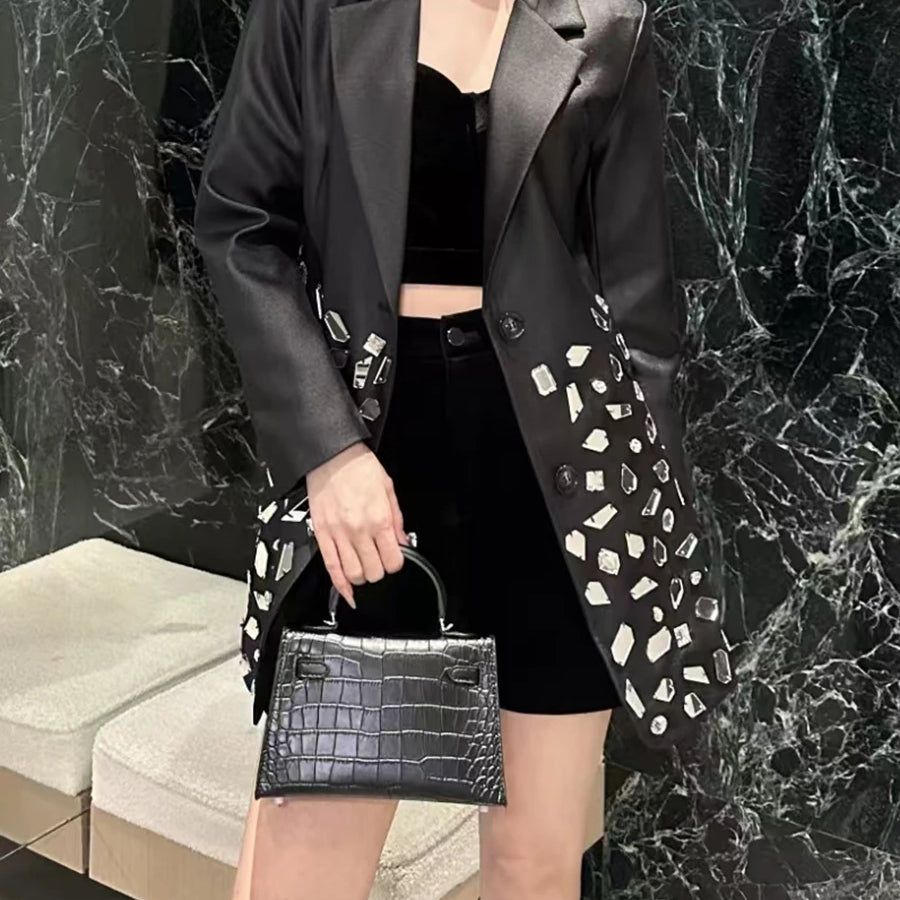 Spliced Diamonds Luxurious Jackets for Women Lapel Long Sleeves Patchwork Single Breasted Fashion Jacket Female New